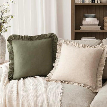 Foindtower Linen Fringe Ruffle Throw Pillow Covers 18×18 Inch Olive Green - color: Olive Green, size: 18" x 18" (Pack of 2)