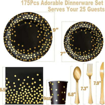 AIRE Black Gold Paper Plates Set, 175PCS Disposable Dinnerware Serves 25 - color: 175pcs Black and Gold