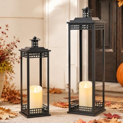 Large Lanterns Decorative Indoor, 2 Pcs Black Floor Lanterns with Candles - size: 23in and 17in