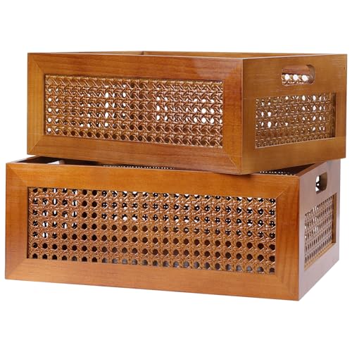Rattan Wooden Box Set of 2 Handmade Decorative Storage Basket with Handles - color: Brown, size: 2 Set - 15" x 11" x 5.9", 13.8" x 9.8" x 5.5"