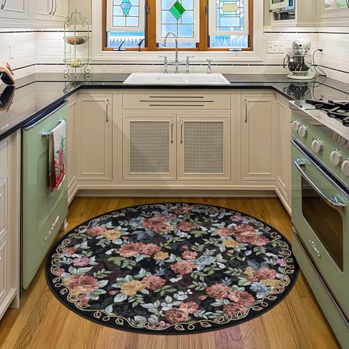 Washable 4ft Round Area Rug, Navy Boho Floral Non-Slip for Bedroom, Kitchen - color: Dark Navy, Dusty Rose, Mustard and Blue Grey, size: 4' (Round)