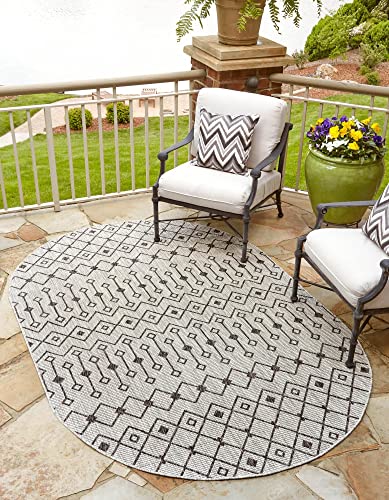 Unique Loom Outdoor Trellis Collection Area Rug - Tribal Trellis (3' 3" x 5' 3" Oval, Gray/ Black) - color: Gray/Black, size: 3'3" x 5'3" (Oval)