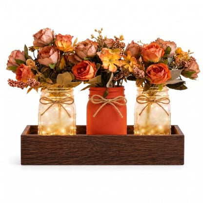 Fall Mason Jar Table Centerpieces with LED Fairy Lights, Fall Decor - color: Jar-fall