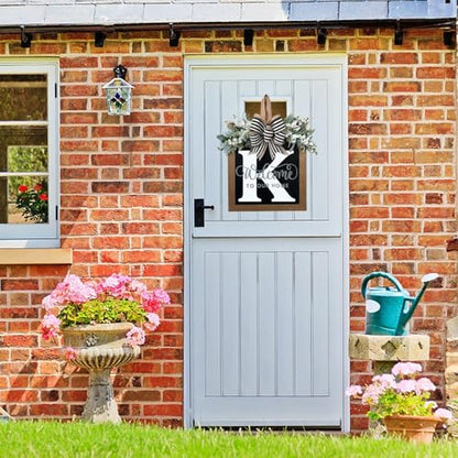 Last Name All Year Round Front Door Wreath with 26 Initial Letter Welcome Sign All Seasons Eucalyptus Garland and Bow ，Farmhouse, Porch, for Spring Summer Fall All Seasons Holiday Halloween Christmas.（K） - color: K