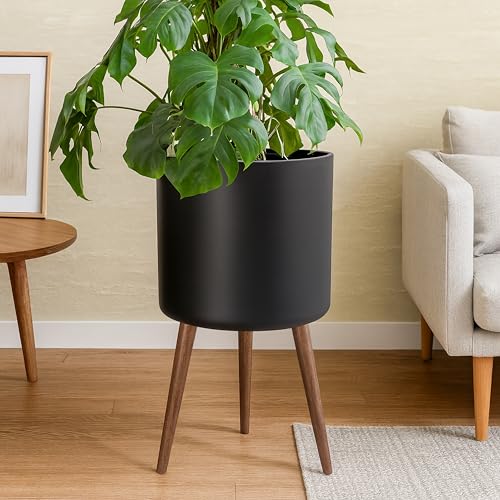 D'vine Dev 16 Inch Planter Pot with Wood Stand, Black, 88-O-E-2 - color: Matte Black, size: XX-Large