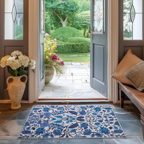 EverGrace Area Rugs for Entryway 2x3, Boho Floral Faux Wool Indoor Outdoor Small Rugs, Washable Rugs for Bedroom Bathroom Laundry Doormat, Low Pile Floor Mat Carpet for Home Decor, Celtic Blue - color: Celtic Blue Multi, size: 2'x3'