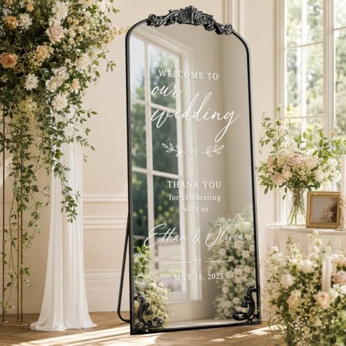 Easly 21"x 64" Arched Full Length Mirror, Freestanding Floor Mirror with Carved Metal Frame & Bottom Art Carved, Black Full Body Mirror for Home Decor - color: Black, size: 64"L x 21"W
