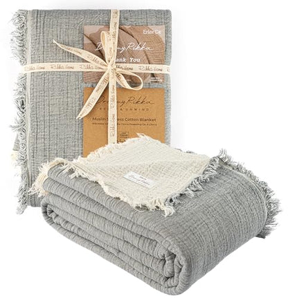 100% Cotton Muslin Blanket Queen Size, Soft Breathable Gauze Bed Blanket & Coverlet, 3 Layer 2 Ply, Lightweight All Season Bedding, 83 x 89 in, Cloud Gray - color: Cloud Gray, size: Queen (U.S. Standard)