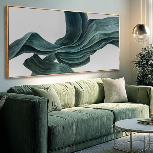 Green Abstract Wall Art 24x48 Inch, Large Framed Canvas Painting with Wooden Frame, Modern Minimalist Wall Decor for Living Room Bedroom or Office - color: Teal Green & White, size: 48"L x 24"W