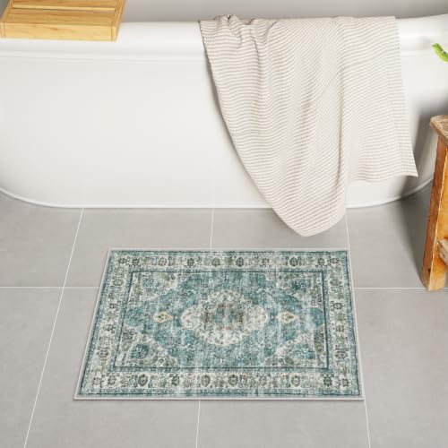Uphome Blue Bathroom Rugs, Distressed Farmhouse Boho Bath Mat, Comfy Velvet Small Bath Rugs Non Slip Washable, Vintage Oriental Toilet Rug for Sink Shower Vanity, 18x26 inch - color: Blue, size: 18 x 26 inch (Rectangular)