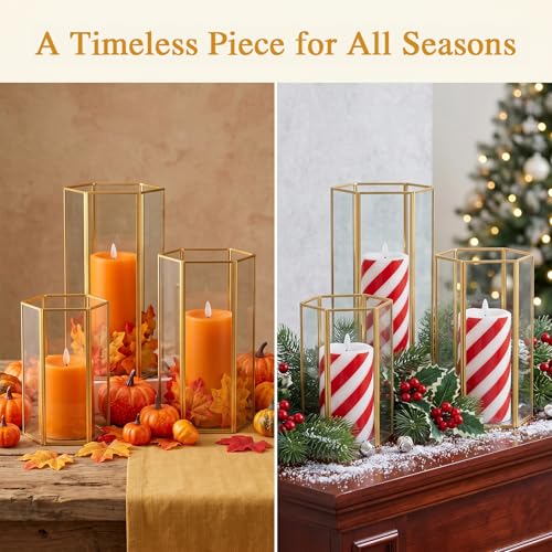 Gold Glass Hurricane Candle Holder Set of 3 Large Clear Hexagon Lanterns