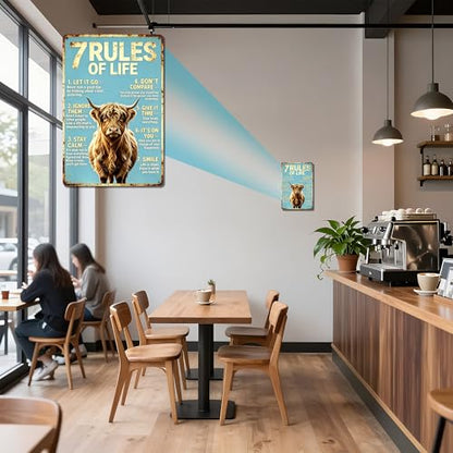 Inspirational 7 Rules Of Life Fluffy Highland Cow Design,Durable Rustproof Aluminum Wall Sign,Shabby Chic Kitchen Bedroom Accent, Uplifting Present Plaque 8x12 Inch - color: M2030-Cow1-6