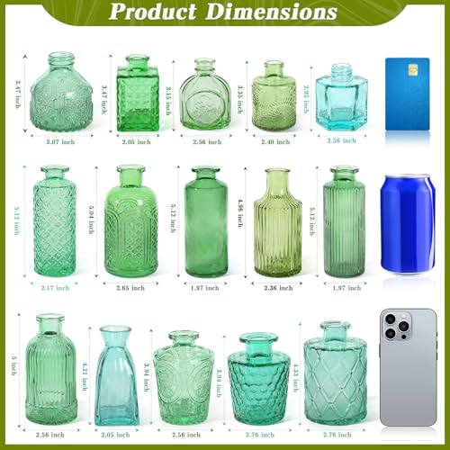 Set of 15 Green Glass Bud Vases Small Textured Flower Vases - color: Green