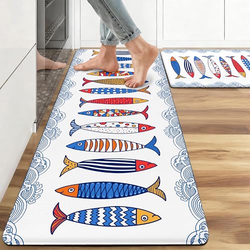 Kitchen Rugs for Floor 2 Pcs Memory Foam Padded Anti Fatigue Kitchen Mat - color: Fish-02