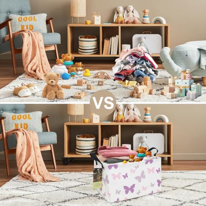 Rectangle Foldable Storage Basket Handles For Home, Butterfly - color: Rec-Purple Butterfly