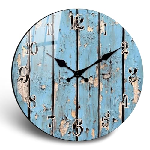 Retro 16 Inch Round Wooden Wall Clock for Living Room - Coast Battery Operated Silent Non-Ticking Farmhouse Home Decor - color: Blue Retro Wood Grain, size: 16inch