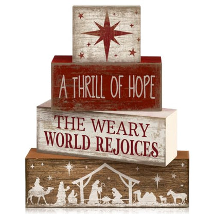 Lineshading 4 Pcs Christmas Table Decorations, Nativity Star Wooden Signs - style: A Thrill of Hope