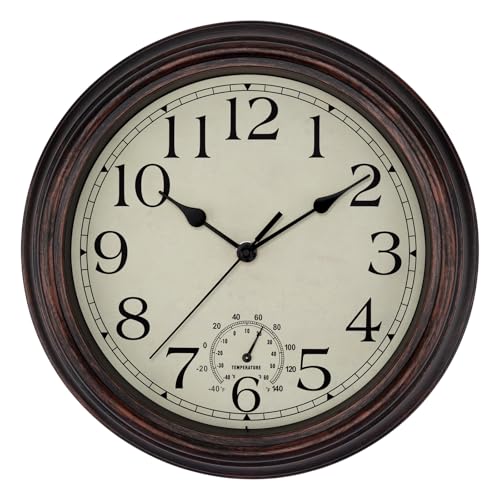 Foxtop Indoor Outdoor Waterproof Wall Clock with Thermometer, 12" Bronze - color: Bronze Outdoor, size: 12 Inch