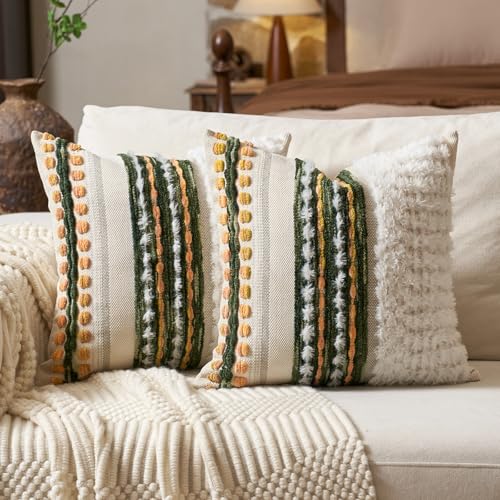 Aeckself Boho Chenille Tufted Throw Pillow Covers 18x18 Inch Set of 2, Farmhouse Decorative Striped Square Pillow Covers Accent Neutral Pillowcase for Living Room Couch Bed, Green - color: Green White
