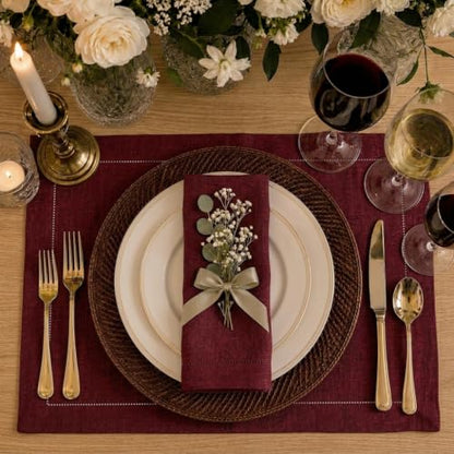 Signature Linen™ by D'Moksha, Dark Red Chambray Placemats Set of 4, 14 x 19 Inch, 100% Pure Linen Table Mats, Hemstitch, Machine Washable Cloth Placemats- Fall, Weddings, Outdoor Hosting - color: Dark Red Chambray, size: Set of 4 (14 X 19 Inch)