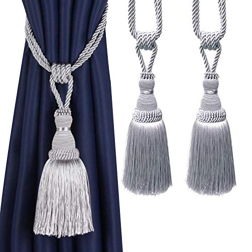 BEL AVENIR 2 Pack Curtain Tiebacks Tassel Drapery Tie-Backs Rope Holdbacks - color: Silver, size: 2 Pack