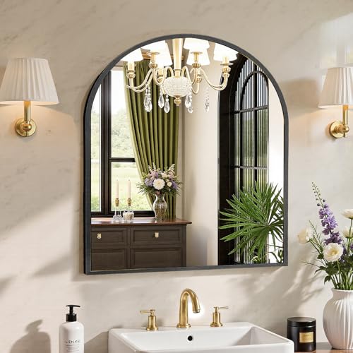 Sweetcrispy 31x32 Bathroom Mirrors for Wall, Arched Mirror for Over Sink - color: Black, size: 31"L x 32"W