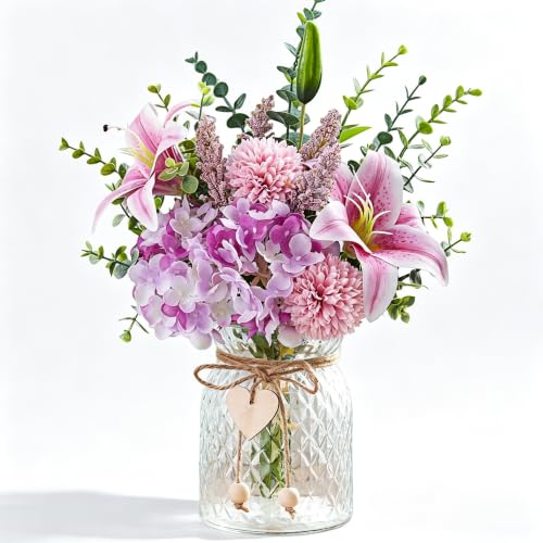 Artificial Silk Flowers with Vase, Fake Pink Lily, Hydrangea and Dandelion - color: Purple & Pink