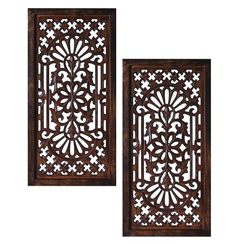 Wood Wall Art Panels, Hand Carved 12x24" Set of 2, Burnt Brown Cutwork - color: Burnt Brown, size: 24"L x 12" W - Flower