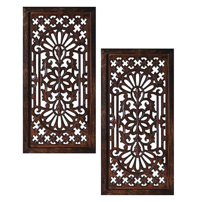 Wood Wall Art Panels, Hand Carved 12x24" Set of 2, Burnt Brown Cutwork - color: Burnt Brown, size: 24"L x 12" W - Flower