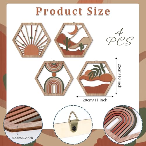 HPNIUB 4 Pcs Boho Wall Art Decor, Bohemian Geometric Hanging Wood Sign for Living Room, Aesthetic Abstract Desert Cactus, Minimalist Farmhouse Botanical Wooden Plaque for Apartment Bedroom(11''x9.8'') - color: Boho geometric