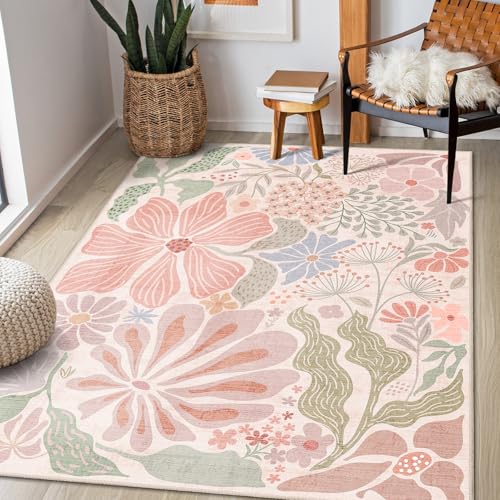 MUJOO Pink 3x5 Washable Rugs,Floral Area Rug Non Slip Low-Pile - color: Pink, size: 3' x 5' (Rectangular)