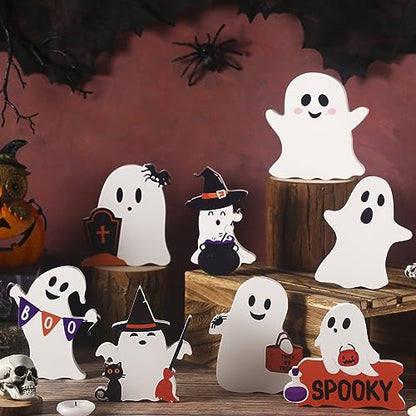 Huwena 9 Pcs Halloween Wooden Ghost Table Decoration Halloween Ghosts Signs