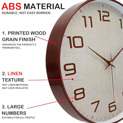 Woodgrain Wall Clock, Silent Non-Ticking Battery Operated Clock 10 Inch, Large Easy-to-Read Number Linen Texture Face Modern Analog Clocks for Living Room Bedroom Kitchen Office Gym, Brown - color: Mocha Brown White, size: 10 Inch