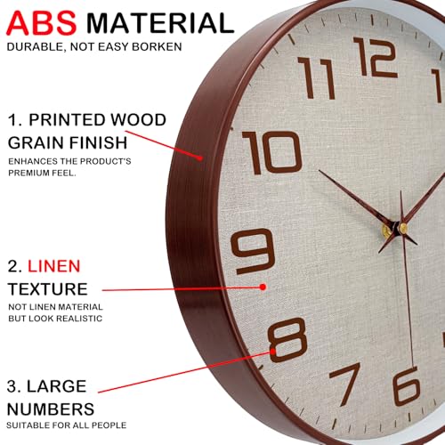 Woodgrain Wall Clocks Battery Operated 12 Inch with Linen Texture Face, Large Number Silent Digital Wall Clock, Non Ticking Analog Clock for Bedroom Living Room Bathroom Kitchen Office,Brown - color: Mocha Brown White, size: 12 Inch