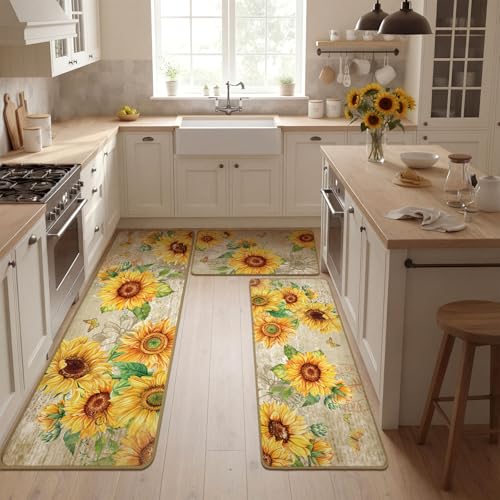 Fourluoo 3 Pcs Sunflower Kitchen Rugs and Mats Set - color: Light Pattern