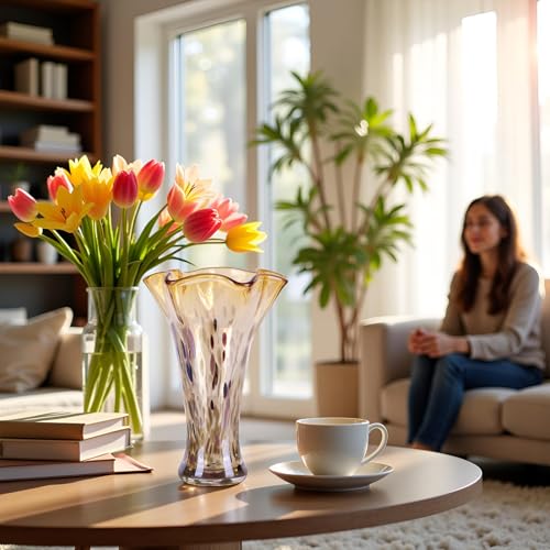 9.0" H Amber Glass Vases for Flower, Unique Hand Blown Glass Vase - color: Gold Amber