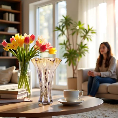 9.0" H Amber Glass Vases for Flower, Unique Hand Blown Glass Vase - color: Gold Amber