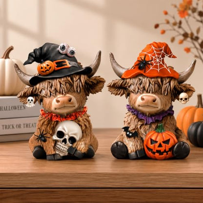Karenhi 2 Pcs Highland Cow Figurines, Halloween Tabletop Statues Decor - style: Halloween