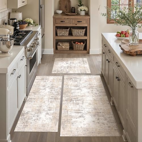 Washable Beige Grey Neutral Kitchen Runner Rug Set of 3 - color: Abstract | Beige Grey, size: 20"x32"+20"x48"+30"x50"