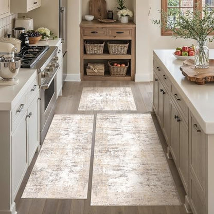 Washable Beige Grey Neutral Kitchen Runner Rug Set of 3 - color: Abstract | Beige Grey, size: 20"x32"+20"x48"+30"x50"