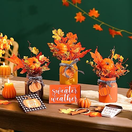 Jexine 18 Pcs Fall Mason Jar Table Decorations with Pumpkin Leaf Wood Sign