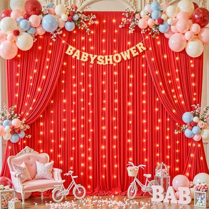 10 x 10ft Red Backdrop Curtains with Lights String for Party - color: Red, size: W5' x H10'(2 panels)