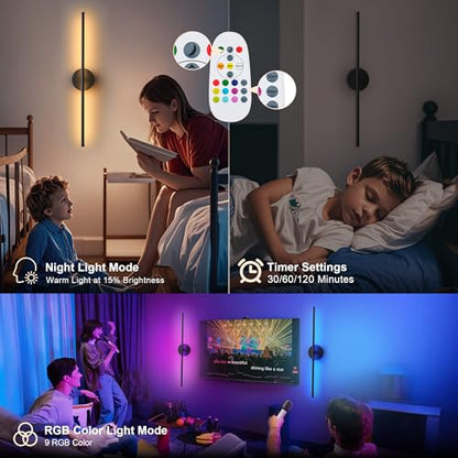 KARTOOSH Battery Operated Wall Sconces Set of Two Wireless Wall Lights - color: Black (RGB Colors), size: 24.4 Inches