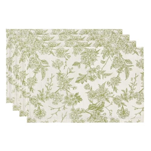 QIYI Boho Table Placemats Set of 4, 12"x18" Linen Place Mats, Green Blooms - color: Green Botanical Art, size: Set of 4