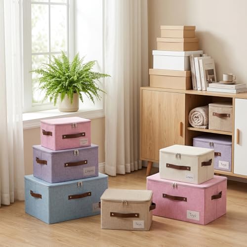 ANMINY Storage Box Fabric Bins with Zipper Lid, 15"x10"x10" Beige - color: Beige, size: Medium (Pack of 1）