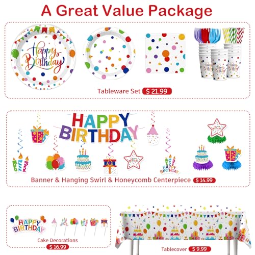 Xynic 214 Pcs Colorful Birthday Decorations Girl Tableware Set, Serves 25