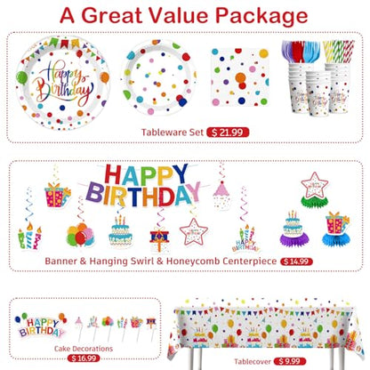 Xynic 214 Pcs Colorful Birthday Decorations Girl Tableware Set, Serves 25