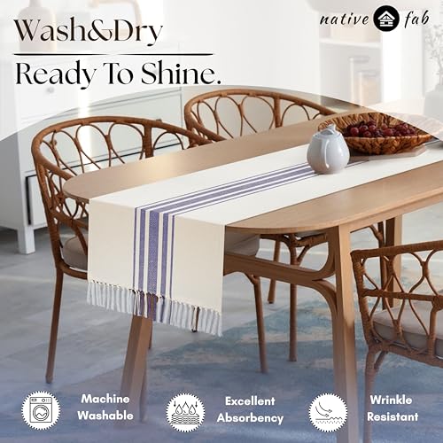 Native Fab Blue Stripe Table Runner - 72 Inches Long Boho Table Covers with Tassels - 100% Cotton, Tight Weave, Non Slip Tablerunner for Dining, Kitchen, Dresser, Wedding, 14"x72" - Blue and White - color: Blue White, size: 14x72