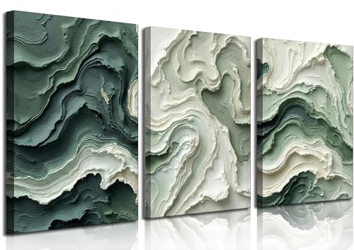 3pcs Abstract Texture Canvas Wall Art Neutral Green And Beige Wall Decor Pictures Modern Minimalist Green Wave Posters Prints Paintings for Living Room Bedroom Office Furniture Decoration - color: Green Texture, size: 24"L x 16"W-Canvas