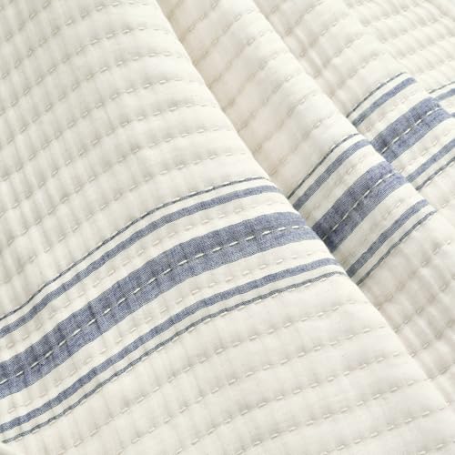 Lush Decor Farmhouse Stripe Kantha Pick Stich Yarn Dyed Cotton Woven Throw Reversible Ticking Pinstripe Design Blanket, 50" x 60", Navy - color: Navy
